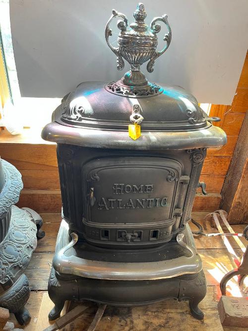 Professionally Restored Home Atlantic Cast Iron Parlor Stove with Chrome Trim and Catalytic Converter