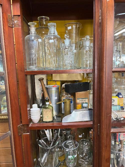 Embossed 1890 Laboratory Reagent Bottles Medical Equipment Mortar Pestle Bone Saw Chemistry Glass