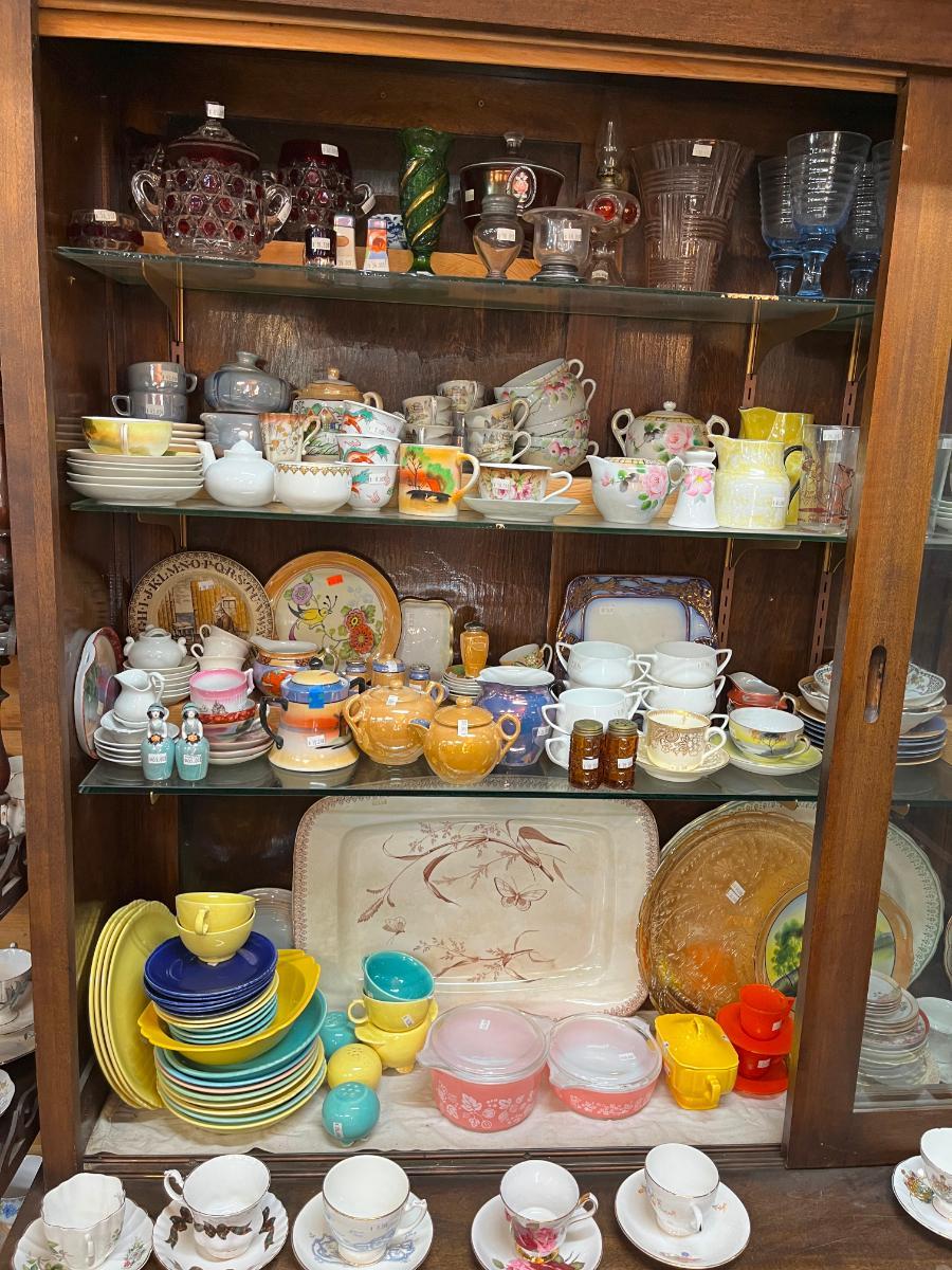 Red Block Depression Glass Asian Porcelain Tea Pot Mid Century Dinnerware Corning Casserole