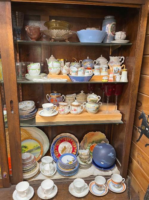 Early Glass and Ceramic European Asian British USA Tea Cups and Saucers Blue Willow Collectable Honey Pots Clowns