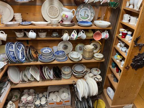 Antique Blue Willow Plates Tea Cups Saucers Egg Cups Pottery