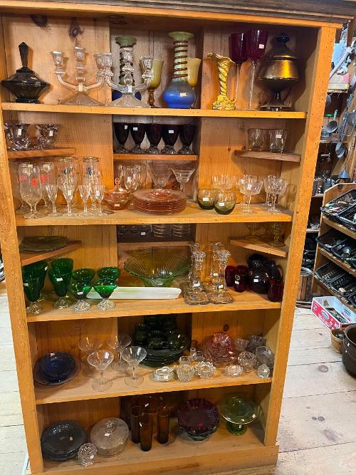 Glass Candlesticks Depression Era Green Boopie Pressed Plates Servers Stemware