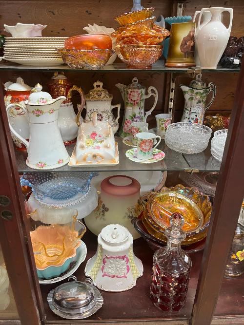 Early Amborina Pressed Glass Porcelain Coffee Pots Red Block Decanter Depression